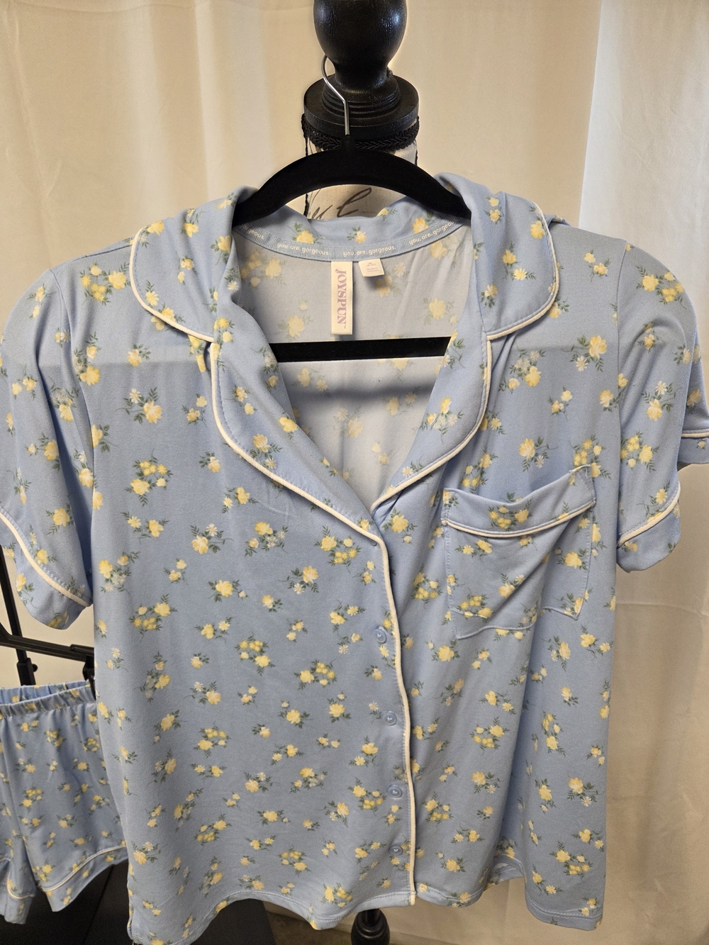 Light Blue Floral Short Sleeve Pajama Set with Yellow Flowers